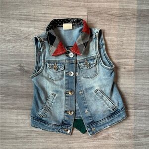 Upcycled Kids  Denim Vest with Plaid Collar